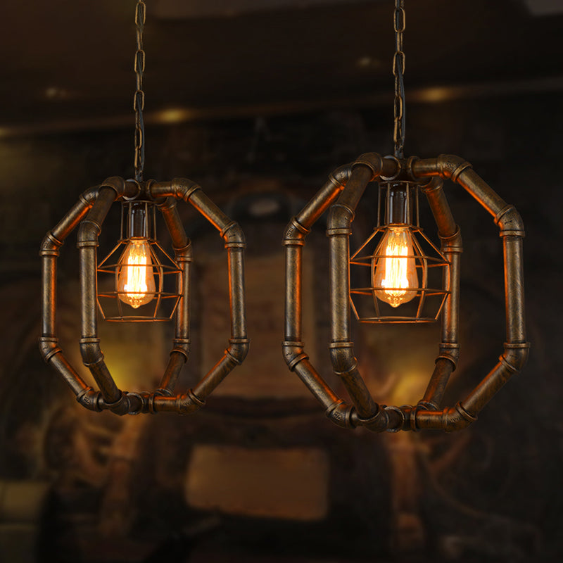Metal Dual Cage Ceiling Hanging Lantern Industrial 1 Bulb Dining Room Pendant Light in Brass Clearhalo 'Art Deco Pendants' 'Cast Iron' 'Ceiling Lights' 'Ceramic' 'Crystal' 'Industrial Pendants' 'Industrial' 'Metal' 'Middle Century Pendants' 'Pendant Lights' 'Pendants' 'Tiffany' Lighting' 2461493