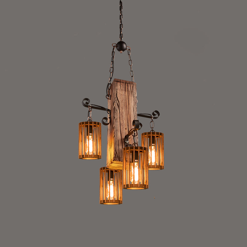 Farmhouse Cylindrical Cage Chandelier Light Wooden Hanging Lamp Kit for Dining Room Wood Long Column Clearhalo 'Carpenter Chandeliers' 'Ceiling Lights' 'Chandeliers' 'Industrial Chandeliers' 'Industrial' 'Middle Century Chandeliers' 'Modern' 'Tiffany' Lighting' 2461535