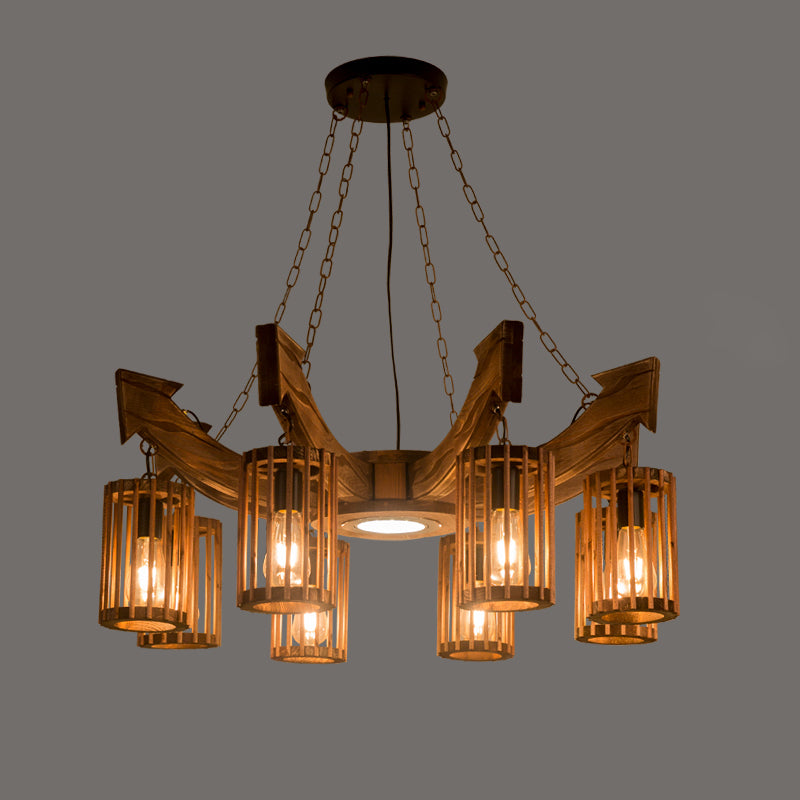 Farmhouse Cylindrical Cage Chandelier Light Wooden Hanging Lamp Kit for Dining Room Wood Anchor Clearhalo 'Carpenter Chandeliers' 'Ceiling Lights' 'Chandeliers' 'Industrial Chandeliers' 'Industrial' 'Middle Century Chandeliers' 'Modern' 'Tiffany' Lighting' 2461541