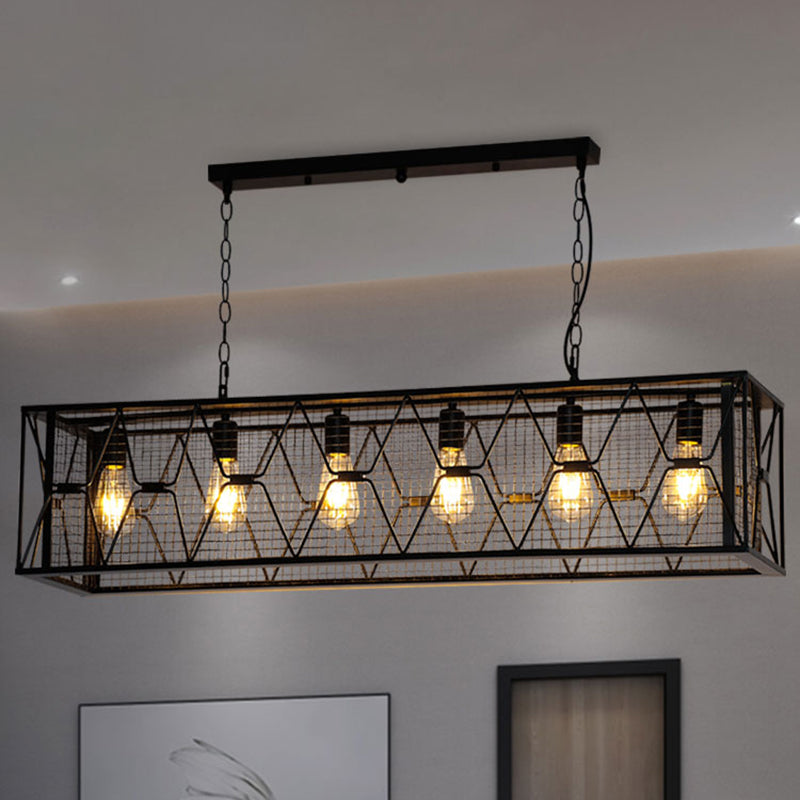 Black Metal Island Lighting Rectangular Mesh Caging 6 Lights Industrial Suspension Light Clearhalo 'Ceiling Lights' 'Island Lights' Lighting' 2461615