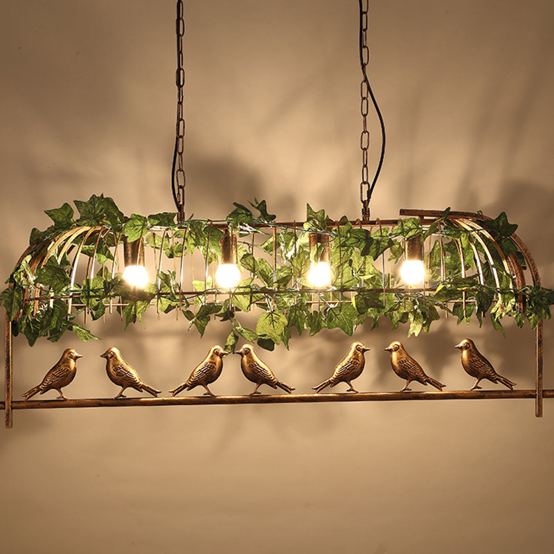 Bronze Birdcage Island Light Fixture Country Iron 4-Bulb Bar Suspension Light with Bird and Faux Ivy Clearhalo 'Ceiling Lights' 'Island Lights' Lighting' 2461620