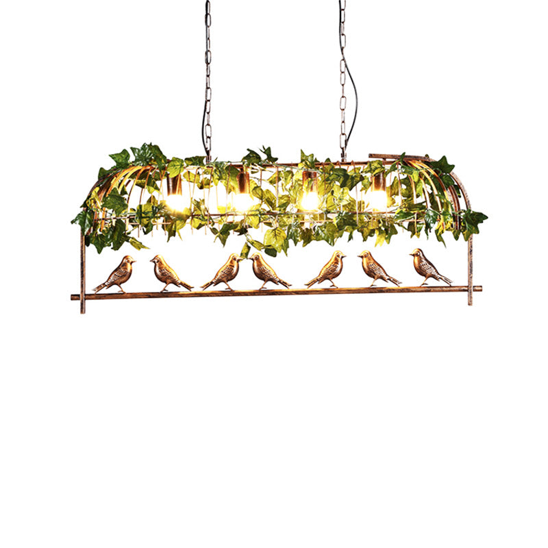 Bronze Birdcage Island Light Fixture Country Iron 4-Bulb Bar Suspension Light with Bird and Faux Ivy Clearhalo 'Ceiling Lights' 'Island Lights' Lighting' 2461621