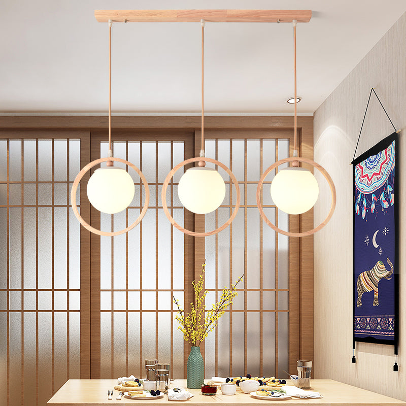 Opaline Glass Ball Cluster Pendant Nordic Style Beige Hanging Light Fixture with Wooden Ring Clearhalo 'Ceiling Lights' 'Modern Pendants' 'Modern' 'Pendant Lights' 'Pendants' Lighting' 2461634