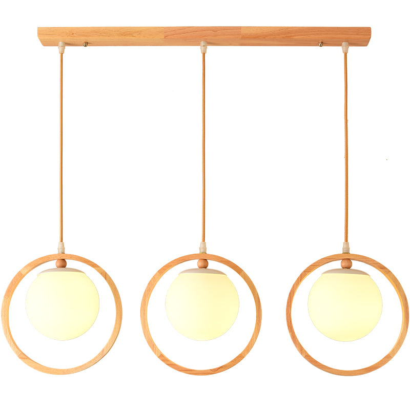 Opaline Glass Ball Cluster Pendant Nordic Style Beige Hanging Light Fixture with Wooden Ring Clearhalo 'Ceiling Lights' 'Modern Pendants' 'Modern' 'Pendant Lights' 'Pendants' Lighting' 2461636