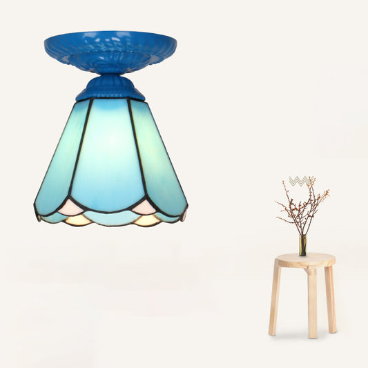 Single Flower Ceiling Mounted Light Vintage Handcrafted Stained Glass Flushmount Lighting for Aisle Blue Light Blue Clearhalo 'Ceiling Lights' 'Close To Ceiling Lights' 'Close to ceiling' 'Flush mount' Lighting' 2461701