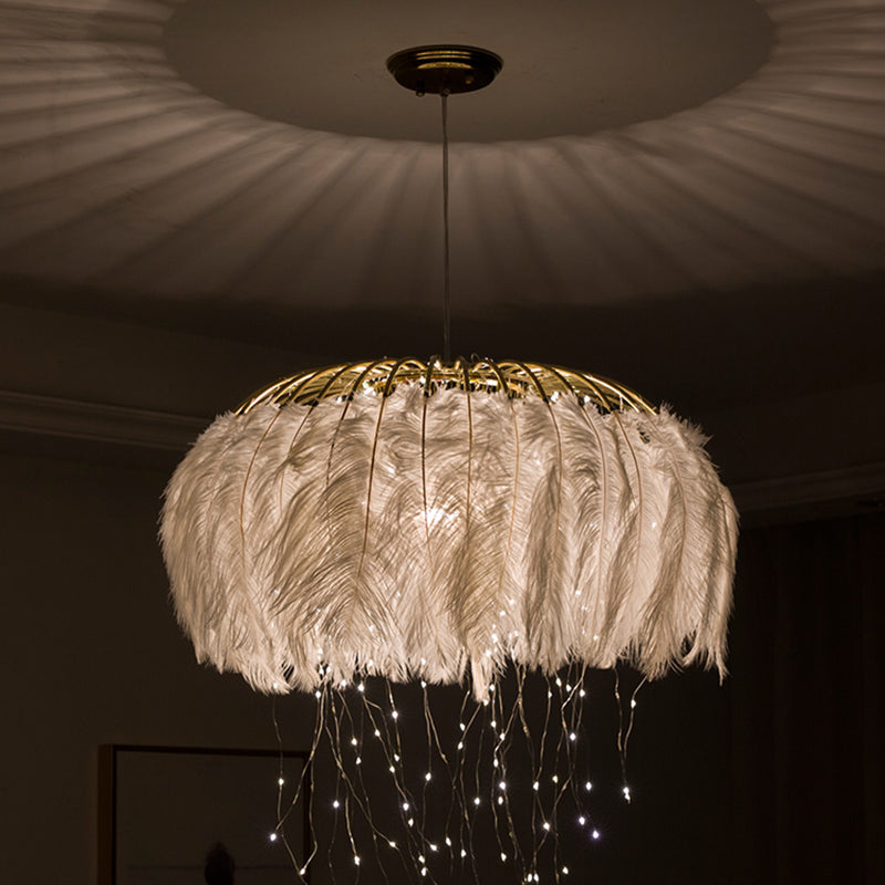 Round Chandelier Nordic Feather Bedroom Ceiling Pendant Light with Firefly LED String Clearhalo 'Ceiling Lights' 'Chandeliers' 'Modern Chandeliers' 'Modern' Lighting' 2461770