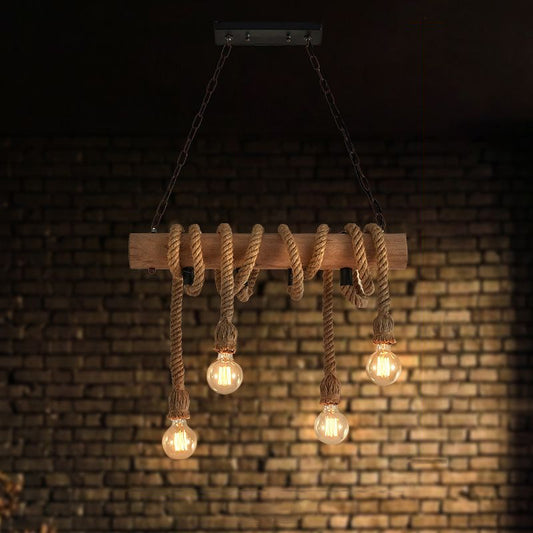 4-Head Open Bulb Island Lighting Fixture Rural Wood Hand-Wrapped Rope Suspension Light Wood Clearhalo 'Ceiling Lights' 'Island Lights' Lighting' 2461801