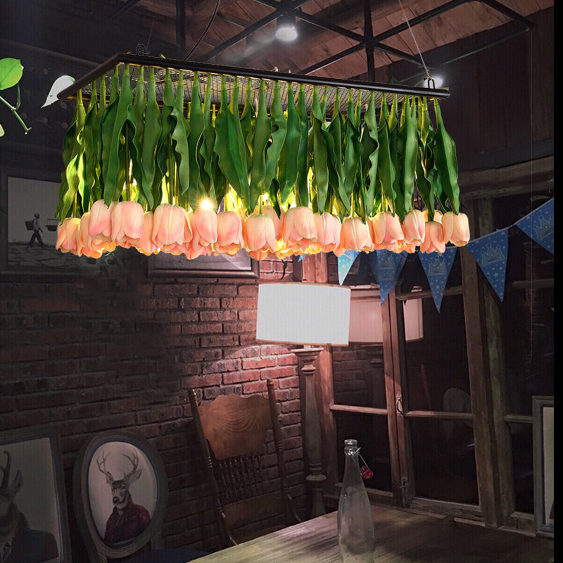 Tulip Bouquet Restaurant Suspension Lamp Rustic Metal 4-Light Green Island Light Fixture Clearhalo 'Ceiling Lights' 'Island Lights' Lighting' 2462010