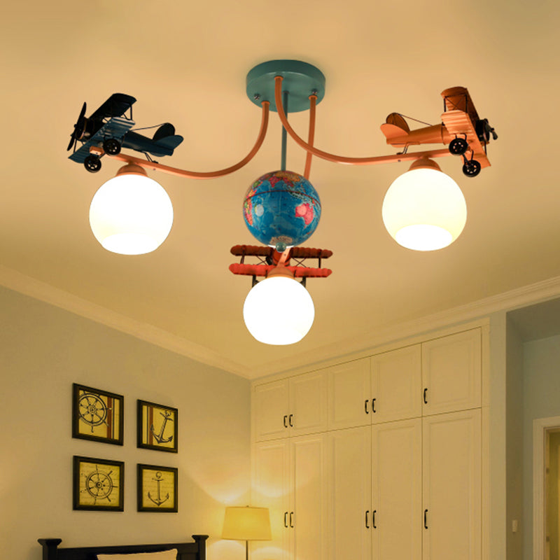 Cream Glass Dome Pendant Lamp Kids 3-Light Blue Ceiling Light with Geographic Globe and Airplane Deco Blue Clearhalo 'Ceiling Lights' 'Pendant Lights' 'Pendants' Lighting' 2462052