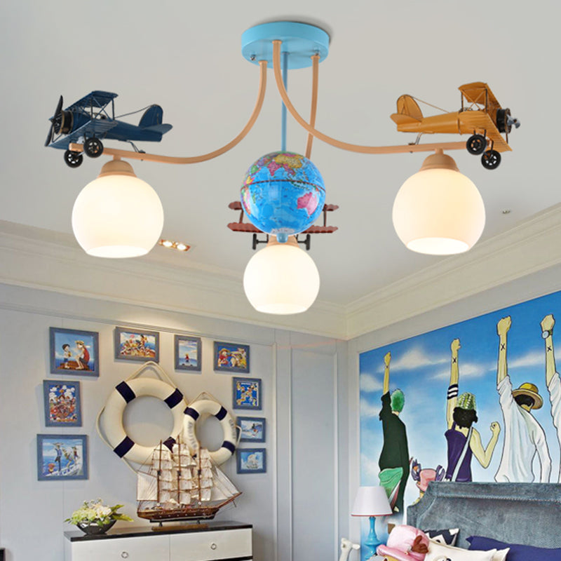 Cream Glass Dome Pendant Lamp Kids 3-Light Blue Ceiling Light with Geographic Globe and Airplane Deco Clearhalo 'Ceiling Lights' 'Pendant Lights' 'Pendants' Lighting' 2462053