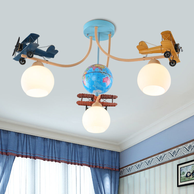 Cream Glass Dome Pendant Lamp Kids 3-Light Blue Ceiling Light with Geographic Globe and Airplane Deco Clearhalo 'Ceiling Lights' 'Pendant Lights' 'Pendants' Lighting' 2462054