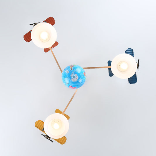 Cream Glass Dome Pendant Lamp Kids 3-Light Blue Ceiling Light with Geographic Globe and Airplane Deco Clearhalo 'Ceiling Lights' 'Pendant Lights' 'Pendants' Lighting' 2462055