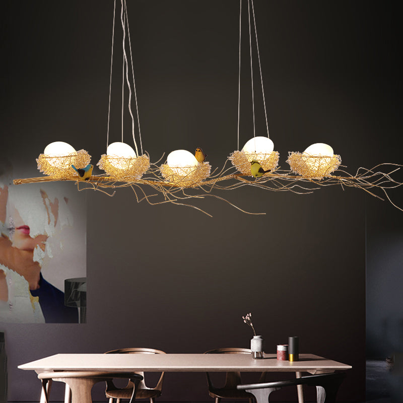 Aluminum Wire Nest Island Lamp Artistic Dining Room Suspension Lamp with Egg and Bird in Wood Clearhalo 'Ceiling Lights' 'Island Lights' Lighting' 2462140