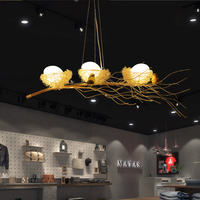 Aluminum Wire Nest Island Lamp Artistic Dining Room Suspension Lamp with Egg and Bird in Wood Clearhalo 'Ceiling Lights' 'Island Lights' Lighting' 2462141