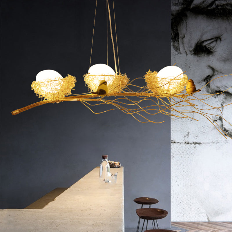 Aluminum Wire Nest Island Lamp Artistic Dining Room Suspension Lamp with Egg and Bird in Wood Clearhalo 'Ceiling Lights' 'Island Lights' Lighting' 2462142