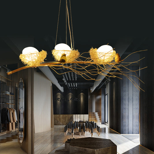 Aluminum Wire Nest Island Lamp Artistic Dining Room Suspension Lamp with Egg and Bird in Wood Clearhalo 'Ceiling Lights' 'Island Lights' Lighting' 2462143