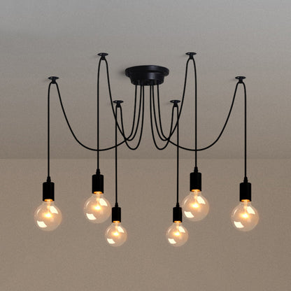 Industrial Exposed Bulb Swag Pendant Metallic Multi Light Chandelier in Black for Living Room 6 Black Clearhalo 'Ceiling Lights' 'Industrial Pendants' 'Industrial' 'Middle Century Pendants' 'Pendant Lights' 'Pendants' 'Tiffany' Lighting' 2462186