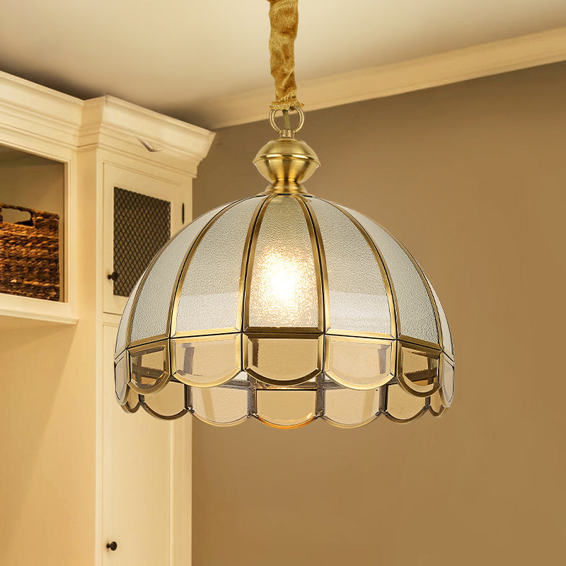 Dome Dining Room Pendulum Light Antique Textured Glass 1 Head Gold Pendant Light with Scalloped Edge Clearhalo 'Ceiling Lights' 'Pendant Lights' 'Pendants' Lighting' 2462202