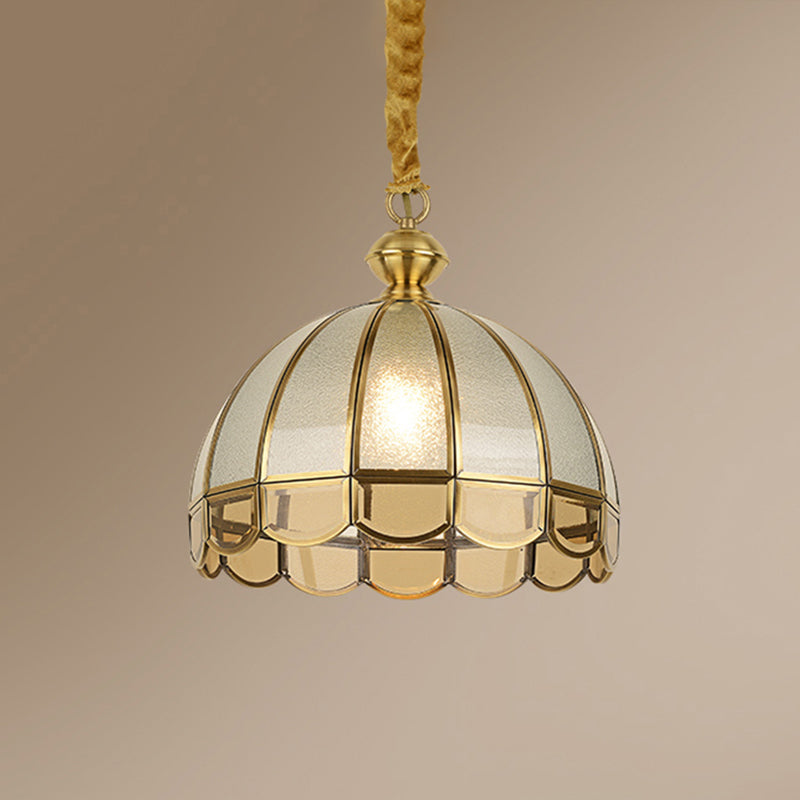 Dome Dining Room Pendulum Light Antique Textured Glass 1 Head Gold Pendant Light with Scalloped Edge Gold Clearhalo 'Ceiling Lights' 'Pendant Lights' 'Pendants' Lighting' 2462203