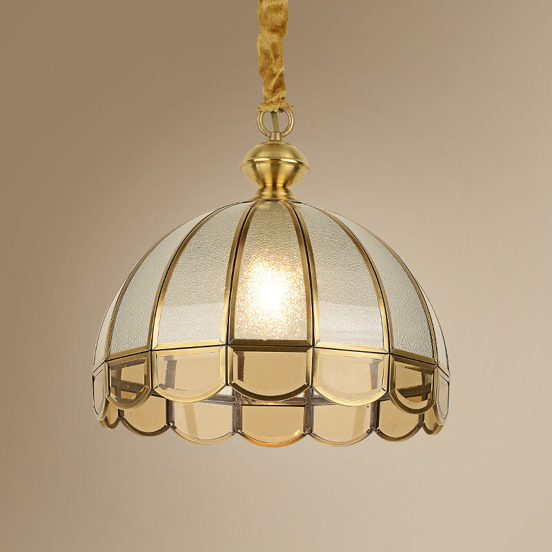 Dome Dining Room Pendulum Light Antique Textured Glass 1 Head Gold Pendant Light with Scalloped Edge Clearhalo 'Ceiling Lights' 'Pendant Lights' 'Pendants' Lighting' 2462204