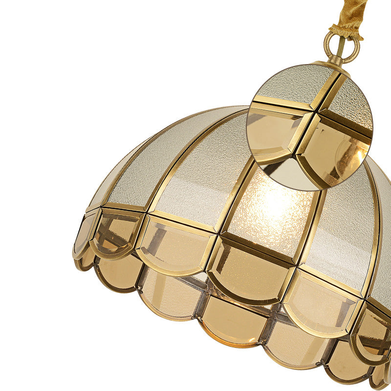 Dome Dining Room Pendulum Light Antique Textured Glass 1 Head Gold Pendant Light with Scalloped Edge Clearhalo 'Ceiling Lights' 'Pendant Lights' 'Pendants' Lighting' 2462205