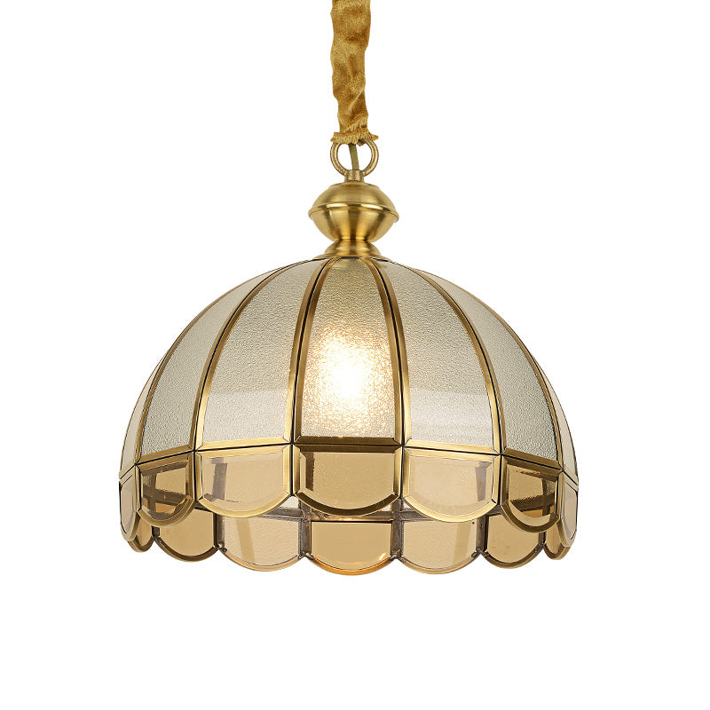 Dome Dining Room Pendulum Light Antique Textured Glass 1 Head Gold Pendant Light with Scalloped Edge Clearhalo 'Ceiling Lights' 'Pendant Lights' 'Pendants' Lighting' 2462206