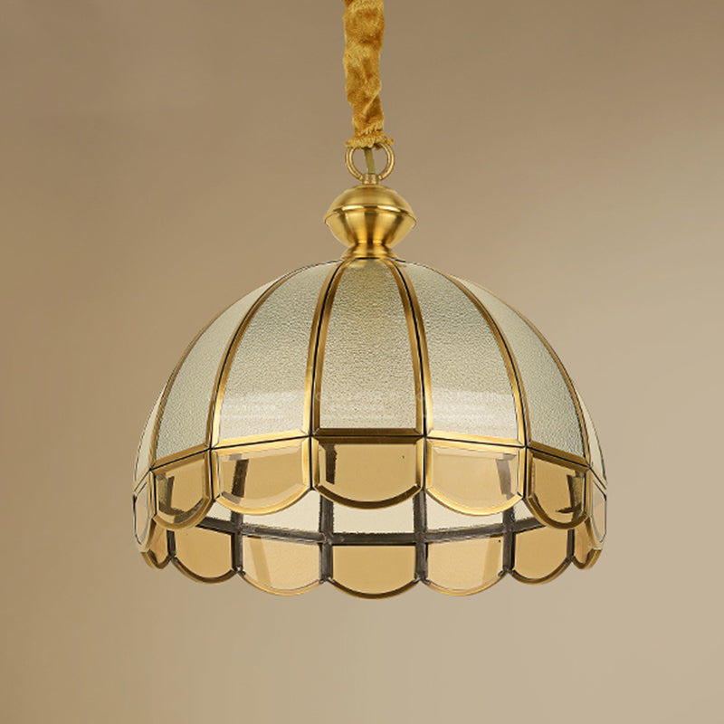 Dome Dining Room Pendulum Light Antique Textured Glass 1 Head Gold Pendant Light with Scalloped Edge Clearhalo 'Ceiling Lights' 'Pendant Lights' 'Pendants' Lighting' 2462207