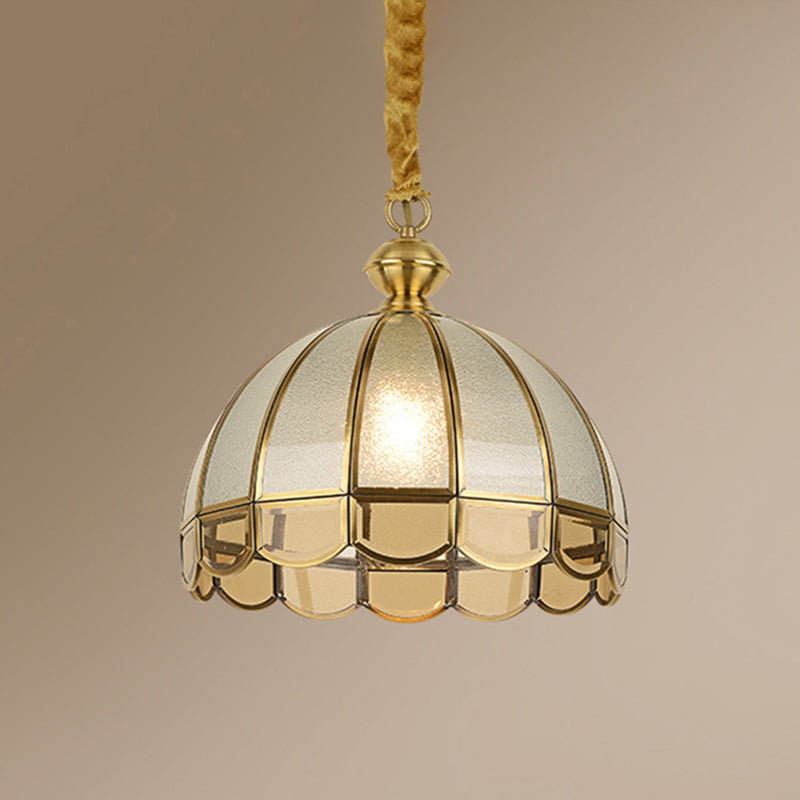 Dome Dining Room Pendulum Light Antique Textured Glass 1 Head Gold Pendant Light with Scalloped Edge Clearhalo 'Ceiling Lights' 'Pendant Lights' 'Pendants' Lighting' 2462208