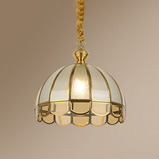 Dome Dining Room Pendulum Light Antique Textured Glass 1 Head Gold Pendant Light with Scalloped Edge Clearhalo 'Ceiling Lights' 'Pendant Lights' 'Pendants' Lighting' 2462209