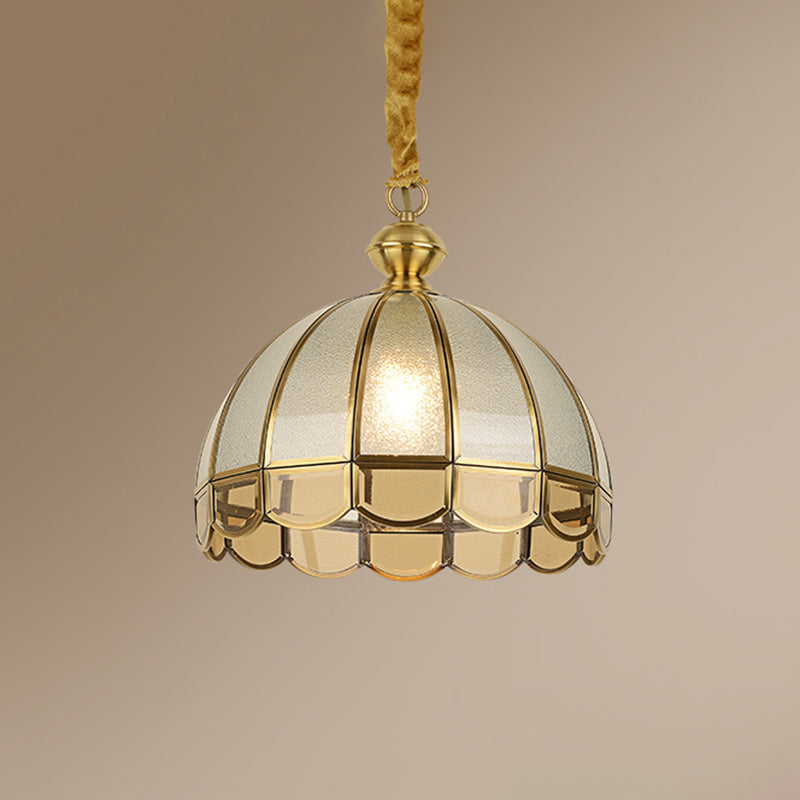 Dome Dining Room Pendulum Light Antique Textured Glass 1 Head Gold Pendant Light with Scalloped Edge Clearhalo 'Ceiling Lights' 'Pendant Lights' 'Pendants' Lighting' 2462210