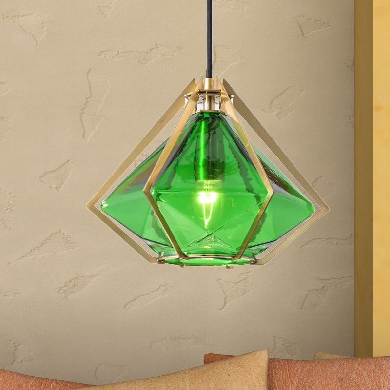 Diamond Pendant Lighting Modern Glass 1 Light Green/Clear/Textured White Hanging Pendant Light with Stout/Linear/Bell Metal Cage Green A Clearhalo 'Ceiling Lights' 'Glass shade' 'Glass' 'Modern Pendants' 'Modern' 'Pendant Lights' 'Pendants' Lighting' 246227