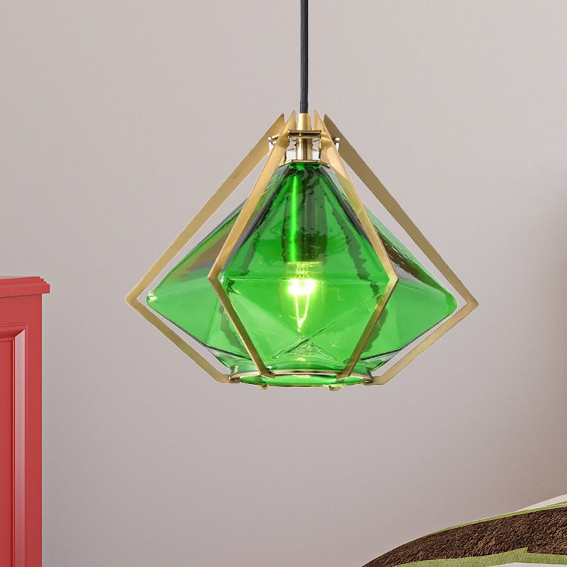 Diamond Pendant Lighting Modern Glass 1 Light Green/Clear/Textured White Hanging Pendant Light with Stout/Linear/Bell Metal Cage Clearhalo 'Ceiling Lights' 'Glass shade' 'Glass' 'Modern Pendants' 'Modern' 'Pendant Lights' 'Pendants' Lighting' 246228