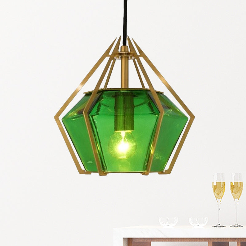 Diamond Pendant Lighting Modern Glass 1 Light Green/Clear/Textured White Hanging Pendant Light with Stout/Linear/Bell Metal Cage Green C Clearhalo 'Ceiling Lights' 'Glass shade' 'Glass' 'Modern Pendants' 'Modern' 'Pendant Lights' 'Pendants' Lighting' 246229