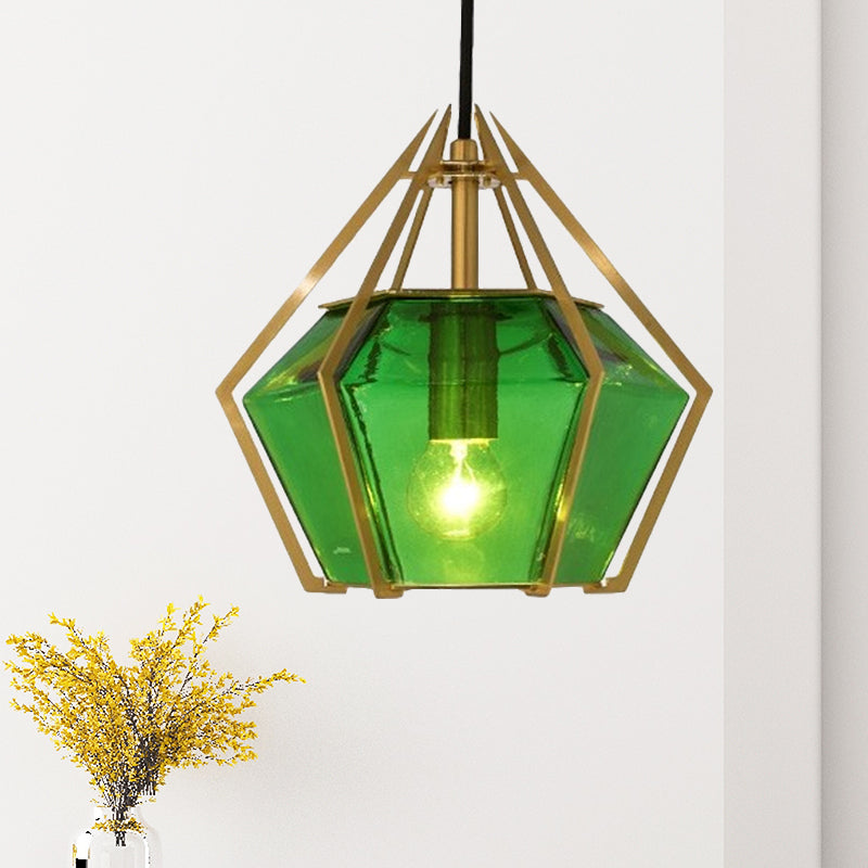 Diamond Pendant Lighting Modern Glass 1 Light Green/Clear/Textured White Hanging Pendant Light with Stout/Linear/Bell Metal Cage Clearhalo 'Ceiling Lights' 'Glass shade' 'Glass' 'Modern Pendants' 'Modern' 'Pendant Lights' 'Pendants' Lighting' 246230