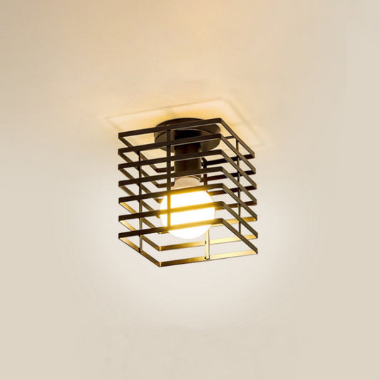 1-Bulb Iron Ceiling Mounted Light Industrial Black Rectangular Cage Corridor Flush Light Black Clearhalo 'Ceiling Lights' 'Close To Ceiling Lights' 'Close to ceiling' 'Flush mount' 'Industrial Flush Mount' Lighting' 2462305