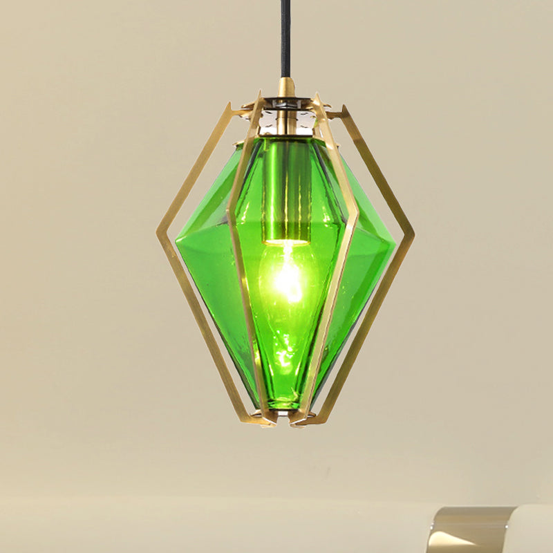 Diamond Pendant Lighting Modern Glass 1 Light Green/Clear/Textured White Hanging Pendant Light with Stout/Linear/Bell Metal Cage Green B Clearhalo 'Ceiling Lights' 'Glass shade' 'Glass' 'Modern Pendants' 'Modern' 'Pendant Lights' 'Pendants' Lighting' 246231