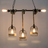 Birdcage Rope Island Ceiling Light Rustic 5-Light Dining Room Pendant Lighting in Black Black Clearhalo 'Ceiling Lights' 'Island Lights' Lighting' 2462317