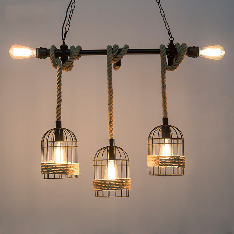 Birdcage Rope Island Ceiling Light Rustic 5-Light Dining Room Pendant Lighting in Black Clearhalo 'Ceiling Lights' 'Island Lights' Lighting' 2462318