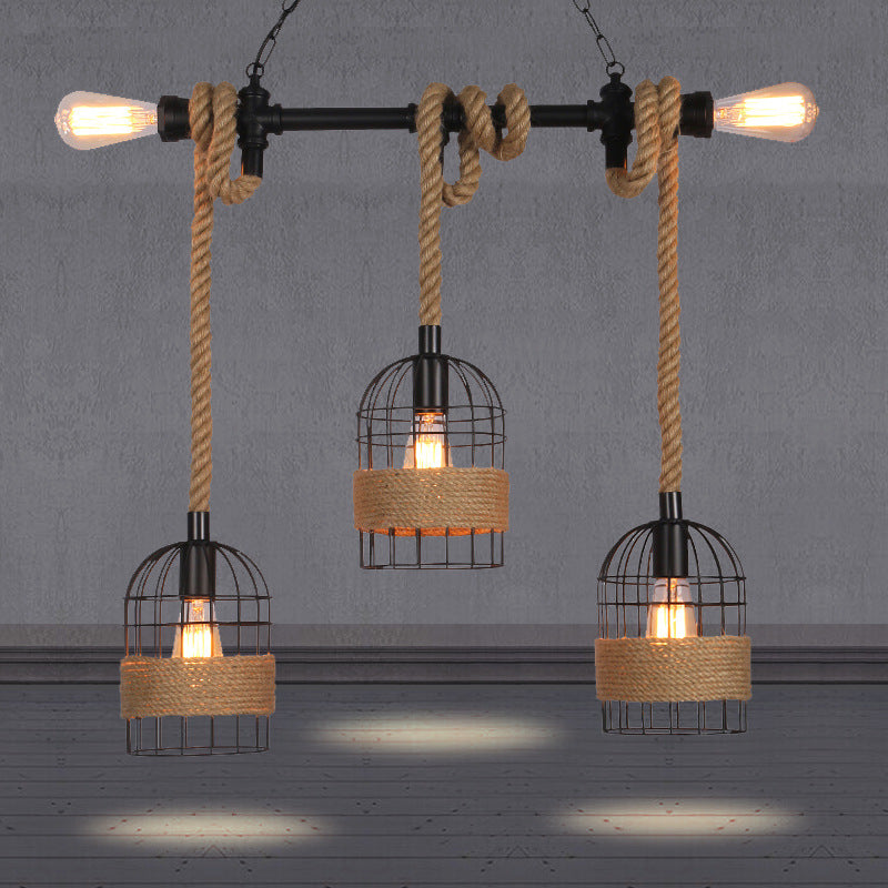 Birdcage Rope Island Ceiling Light Rustic 5-Light Dining Room Pendant Lighting in Black Clearhalo 'Ceiling Lights' 'Island Lights' Lighting' 2462319