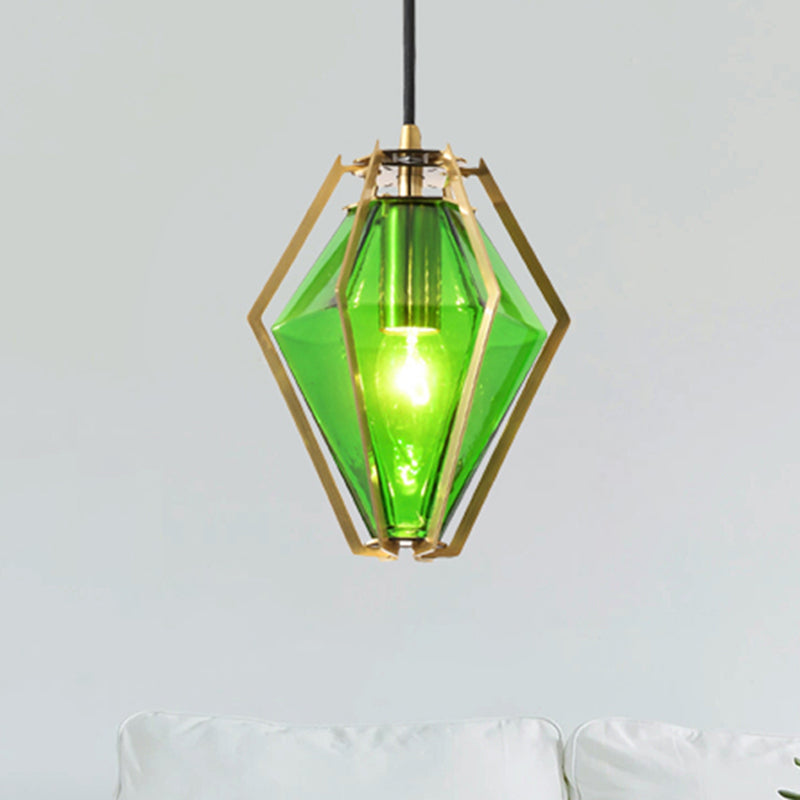 Diamond Pendant Lighting Modern Glass 1 Light Green/Clear/Textured White Hanging Pendant Light with Stout/Linear/Bell Metal Cage Clearhalo 'Ceiling Lights' 'Glass shade' 'Glass' 'Modern Pendants' 'Modern' 'Pendant Lights' 'Pendants' Lighting' 246232