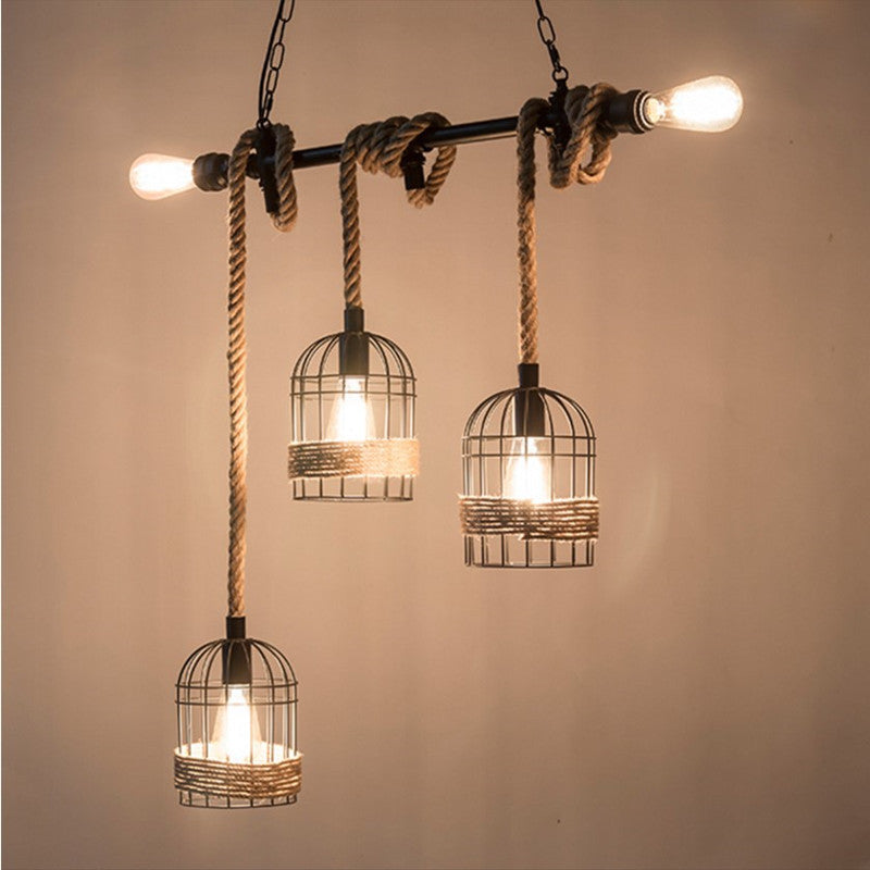 Birdcage Rope Island Ceiling Light Rustic 5-Light Dining Room Pendant Lighting in Black Clearhalo 'Ceiling Lights' 'Island Lights' Lighting' 2462320