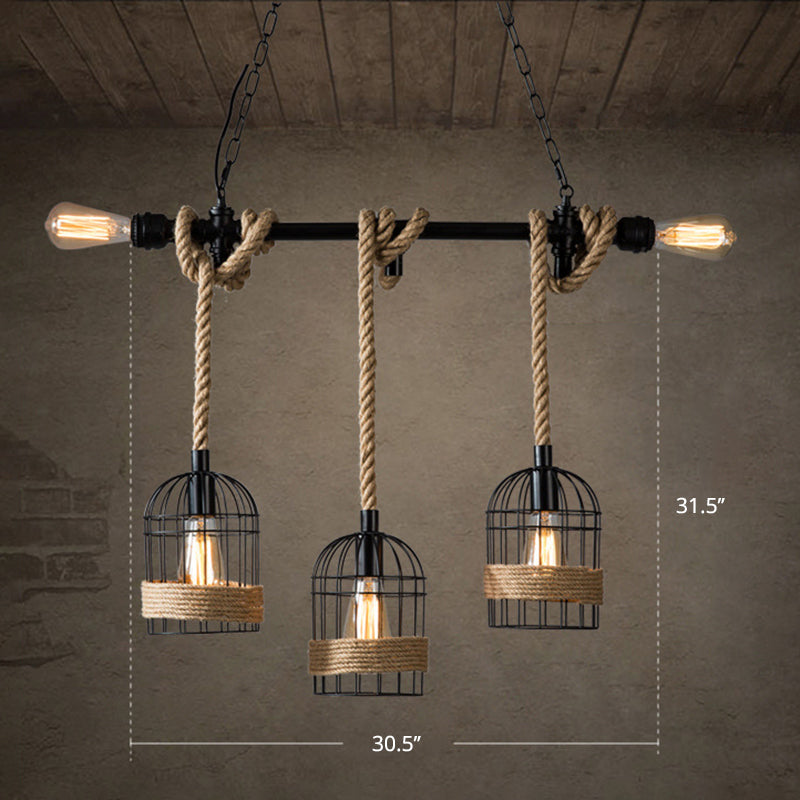 Birdcage Rope Island Ceiling Light Rustic 5-Light Dining Room Pendant Lighting in Black Clearhalo 'Ceiling Lights' 'Island Lights' Lighting' 2462322