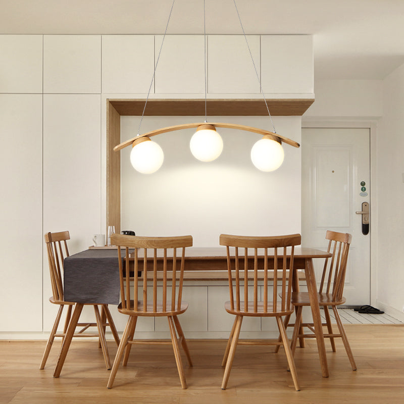 Arc Island Ceiling Light Nordic Wooden 3-Head Dining Room Hanging Lamp with Ball White Glass Shade Clearhalo 'Ceiling Lights' 'Island Lights' Lighting' 2462325