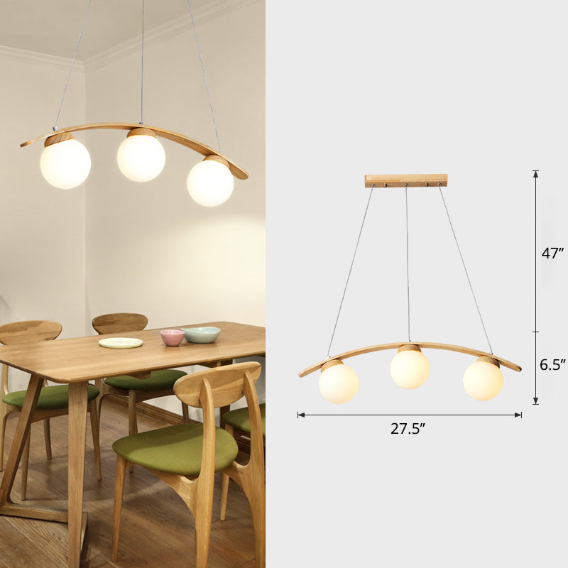 Arc Island Ceiling Light Nordic Wooden 3-Head Dining Room Hanging Lamp with Ball White Glass Shade Clearhalo 'Ceiling Lights' 'Island Lights' Lighting' 2462327