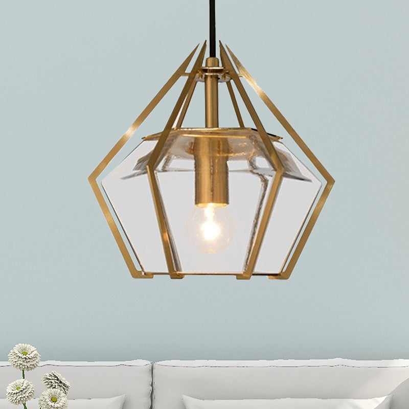 Diamond Pendant Lighting Modern Glass 1 Light Green/Clear/Textured White Hanging Pendant Light with Stout/Linear/Bell Metal Cage Clear C Clearhalo 'Ceiling Lights' 'Glass shade' 'Glass' 'Modern Pendants' 'Modern' 'Pendant Lights' 'Pendants' Lighting' 246235