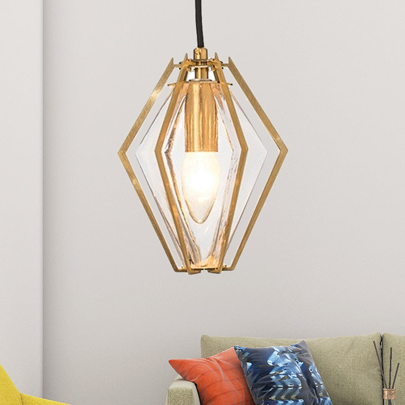 Diamond Pendant Lighting Modern Glass 1 Light Green/Clear/Textured White Hanging Pendant Light with Stout/Linear/Bell Metal Cage Clear B Clearhalo 'Ceiling Lights' 'Glass shade' 'Glass' 'Modern Pendants' 'Modern' 'Pendant Lights' 'Pendants' Lighting' 246237