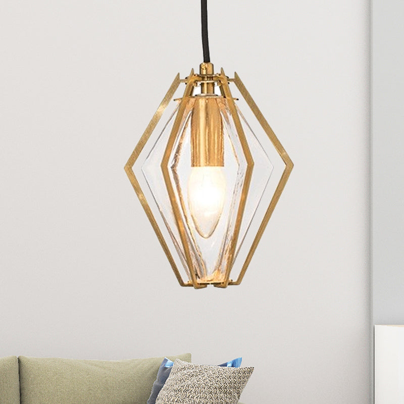 Diamond Pendant Lighting Modern Glass 1 Light Green/Clear/Textured White Hanging Pendant Light with Stout/Linear/Bell Metal Cage Clearhalo 'Ceiling Lights' 'Glass shade' 'Glass' 'Modern Pendants' 'Modern' 'Pendant Lights' 'Pendants' Lighting' 246238