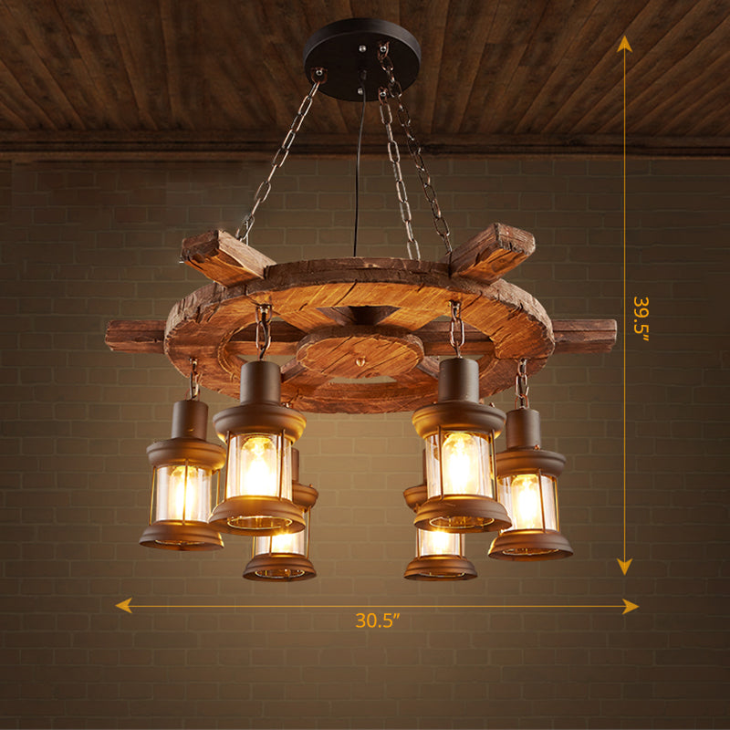 Clear Glass Lantern Suspension Lamp Nautical Living Room Ceiling Chandelier in Wood Wood Rudder Clearhalo 'Carpenter Chandeliers' 'Ceiling Lights' 'Chandeliers' 'Industrial Chandeliers' 'Industrial' 'Middle Century Chandeliers' 'Modern' 'Tiffany' Lighting' 2462387