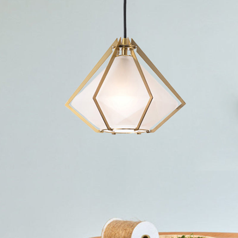 Diamond Pendant Lighting Modern Glass 1 Light Green/Clear/Textured White Hanging Pendant Light with Stout/Linear/Bell Metal Cage Clearhalo 'Ceiling Lights' 'Glass shade' 'Glass' 'Modern Pendants' 'Modern' 'Pendant Lights' 'Pendants' Lighting' 246240