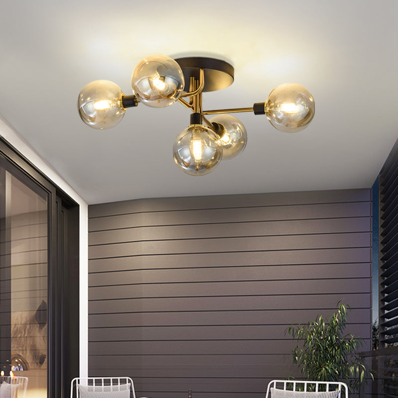 5 Lights Dining Room Ceiling Lamp Postmodern Style Semi Flush Light with Ball Glass Shade Clearhalo 'Ceiling Lights' 'Close To Ceiling Lights' 'Close to ceiling' 'Glass shade' 'Glass' 'Pendant Lights' 'Semi-flushmount' Lighting' 2462402